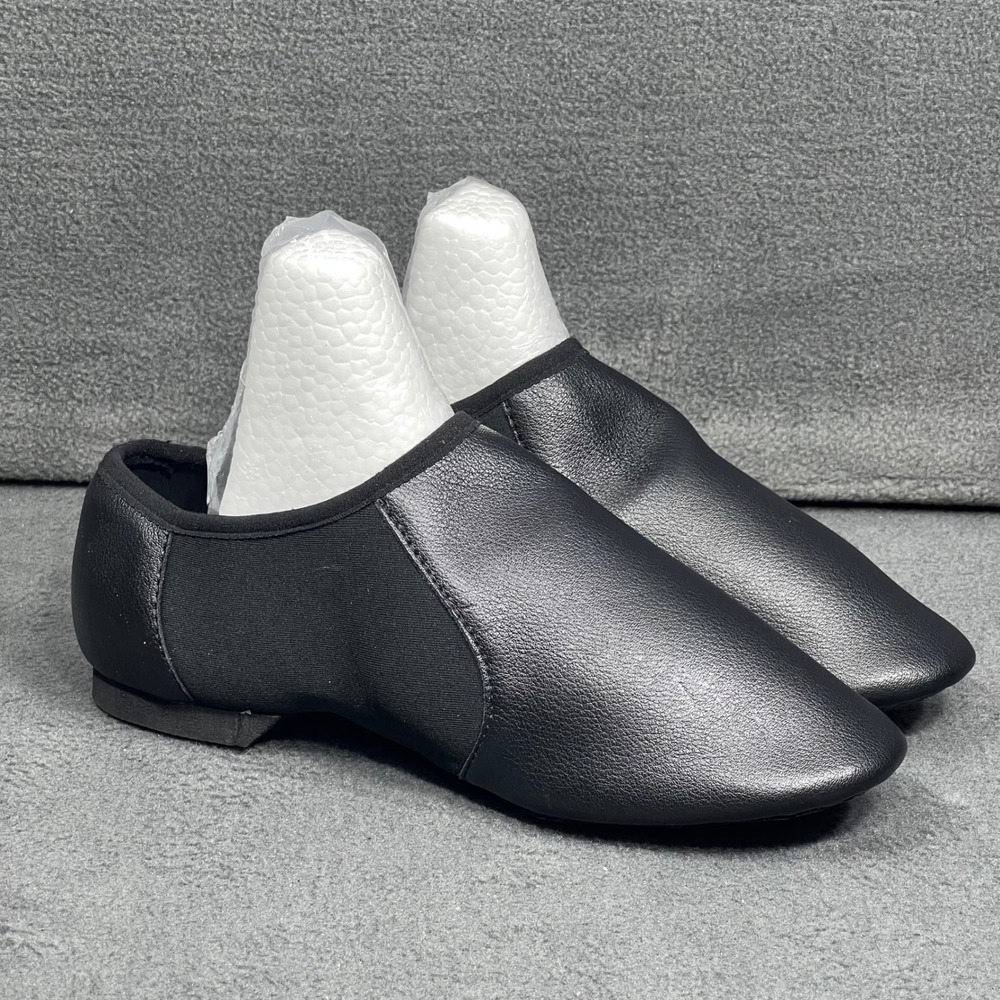 Black Faux Leather Jazz Dance Shoes Slip On Low Heel Split Sole Comfortable